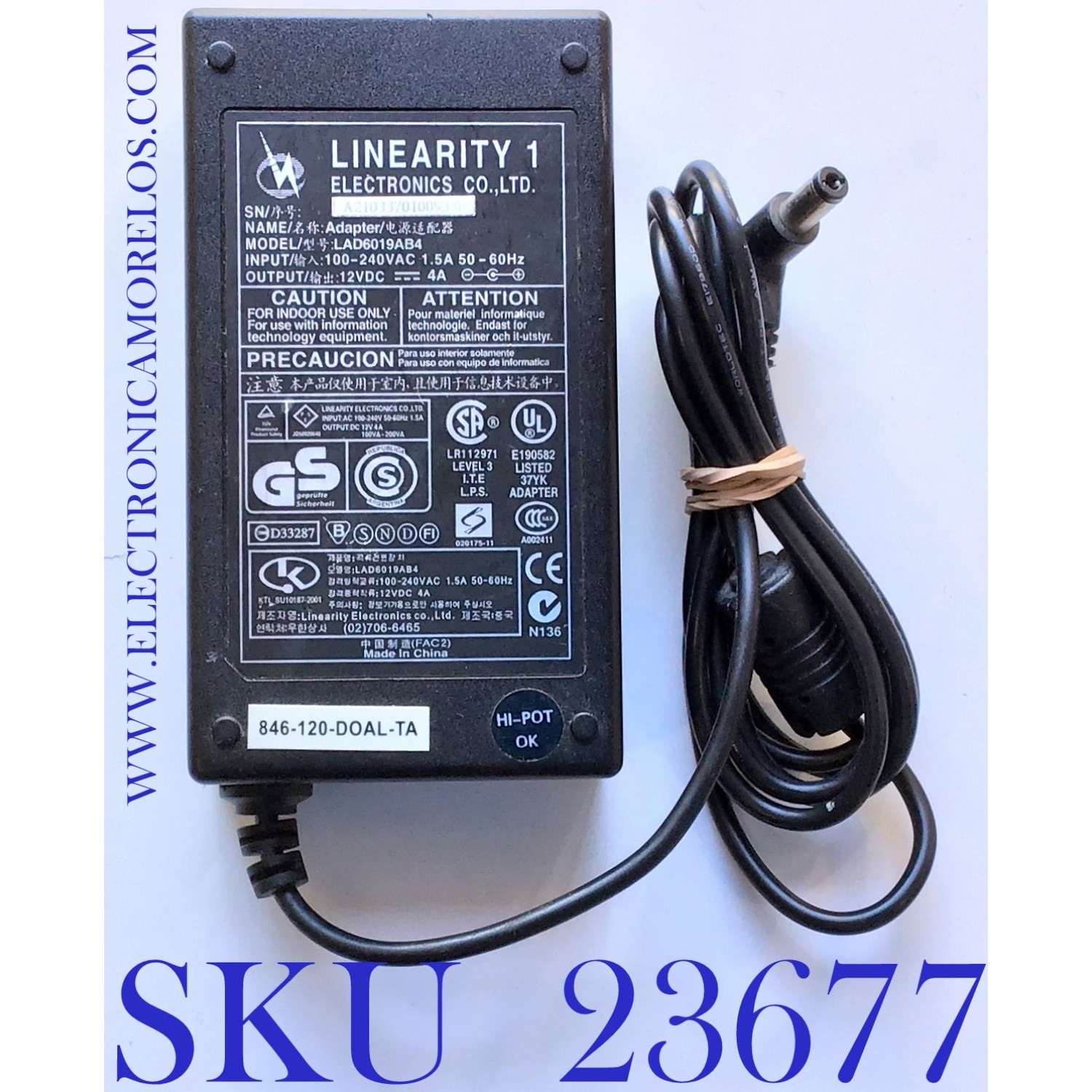 ADAPTADOR LINEARITY VCA / NUMERO DE PARTE D33287 / LR112971 / 37YK / N136 / 020175-11 /  MODELO LAD6019AB4 / ENTRADA VCA 100-240V~ 50-60Hz 1.5A / SALIDA VCA 12V-4A	